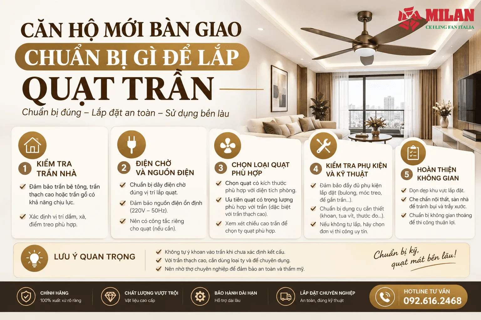lắp quạt trần căn hộ mới bàn giao